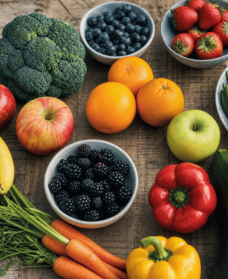 fresh fruits and vegetables on table